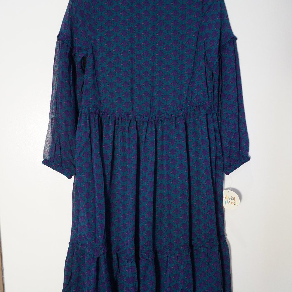 New Colorful Planet Girls Green Dress /Purple Fleur de Lis Peasant Sleeve